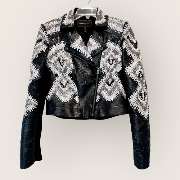 BCBGMaxAzria Abel Black and Grey Geo Sequin Moto Jacket Sz S - Picture 8 of 8